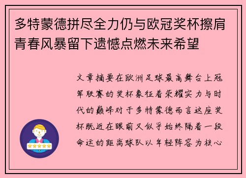 多特蒙德拼尽全力仍与欧冠奖杯擦肩青春风暴留下遗憾点燃未来希望